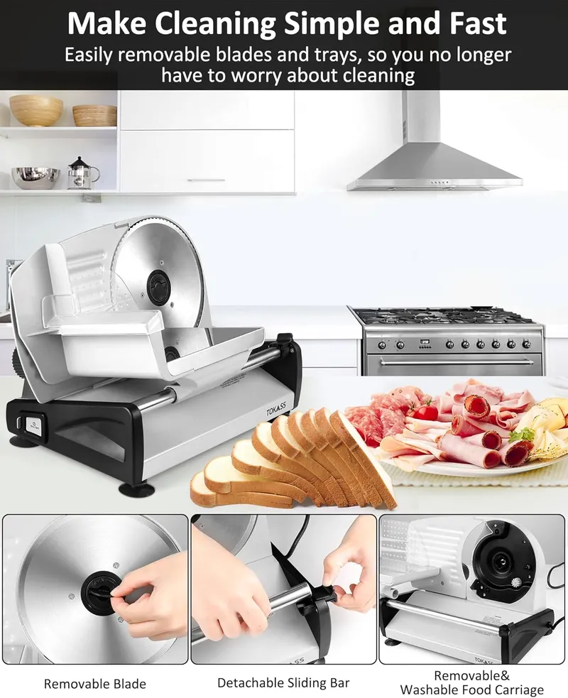 TOKASS Deli Slicer with 2 Removable Stainless Steel Blades